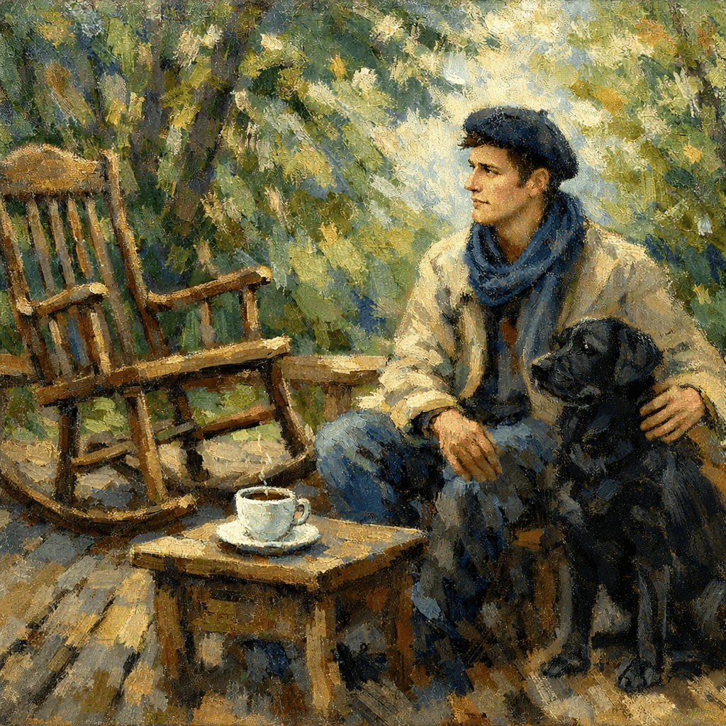 AI-generated Impressionist portrait of a wooden terrace with a rocking chair, trees, a cup on a stool, a man with a beret, and a dog beside him