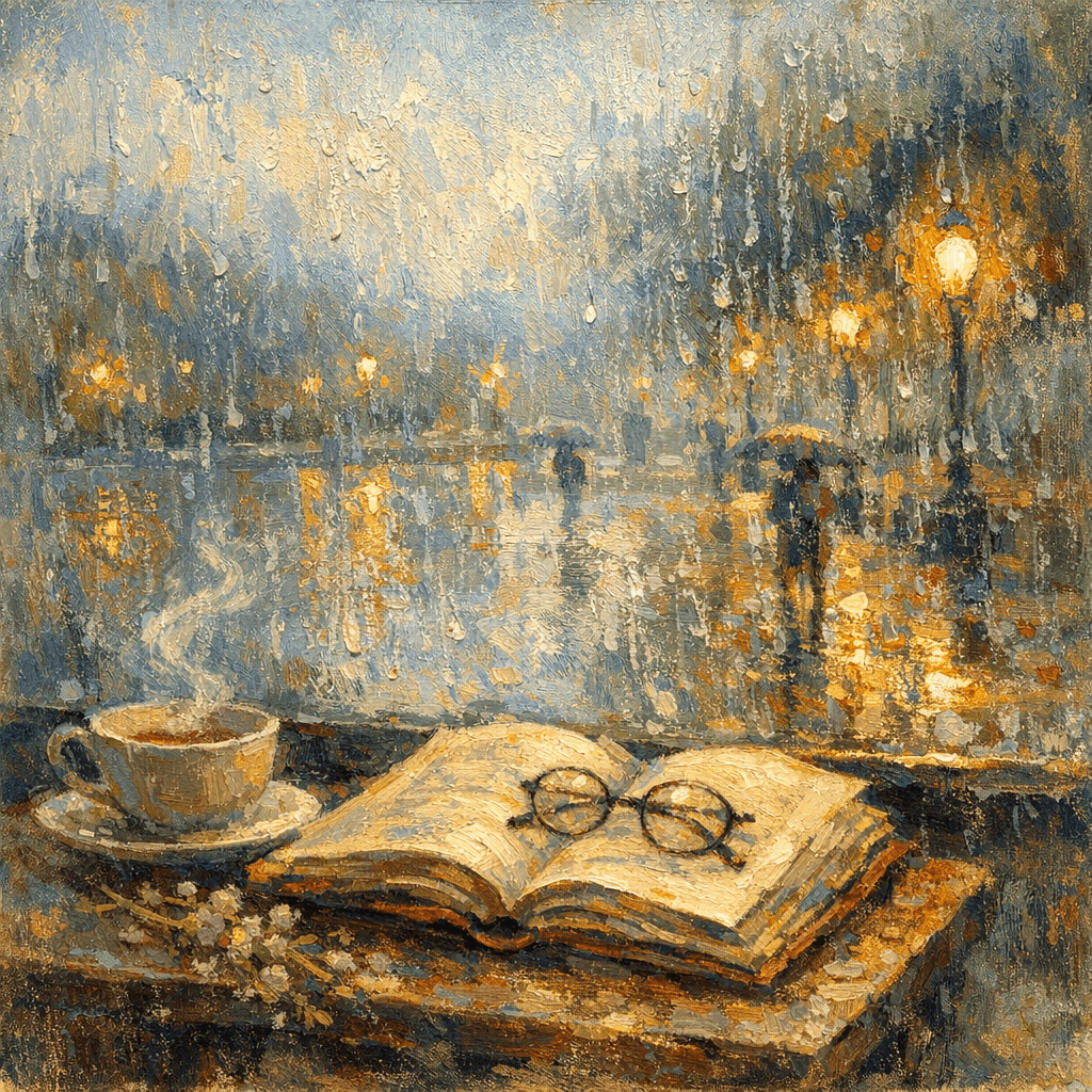 AI-generated Impressionist evening cityscape with rain, people holding umbrellas, warm lights, and a calm blue-grey-yellow sky
