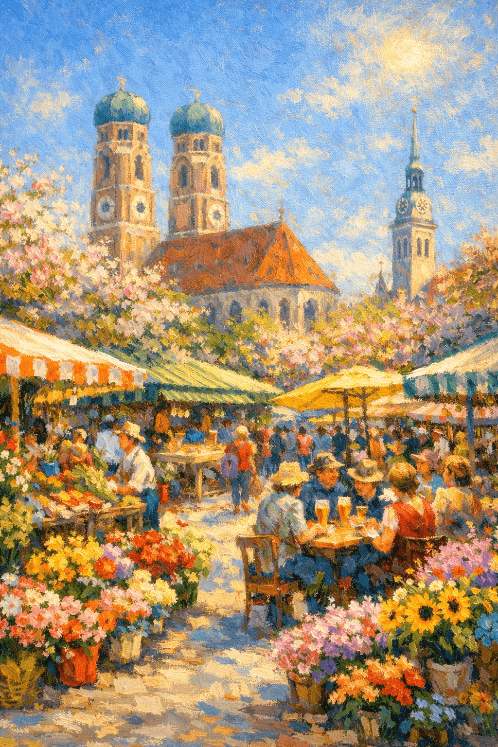 AI-generated Impressionist painting of Viktualienmarkt in Munich with colorful market stalls, food, drinks, and spring flowers with church towers in the background under a blue sunny sky